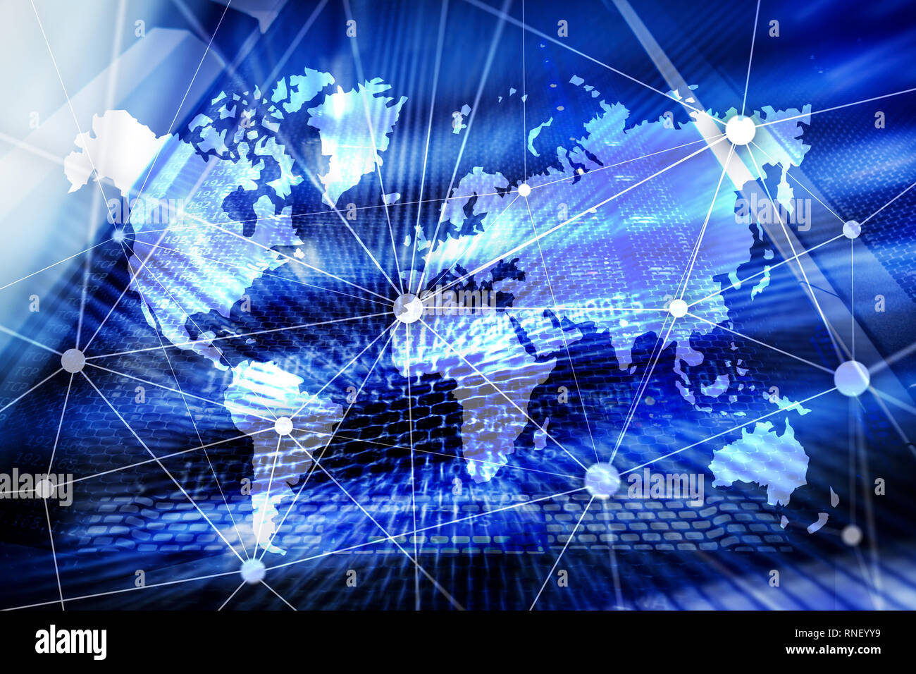 Weltkarte mit Kommunikation Netzwerk auf dem Server zimmer Hintergrund. Stockfoto