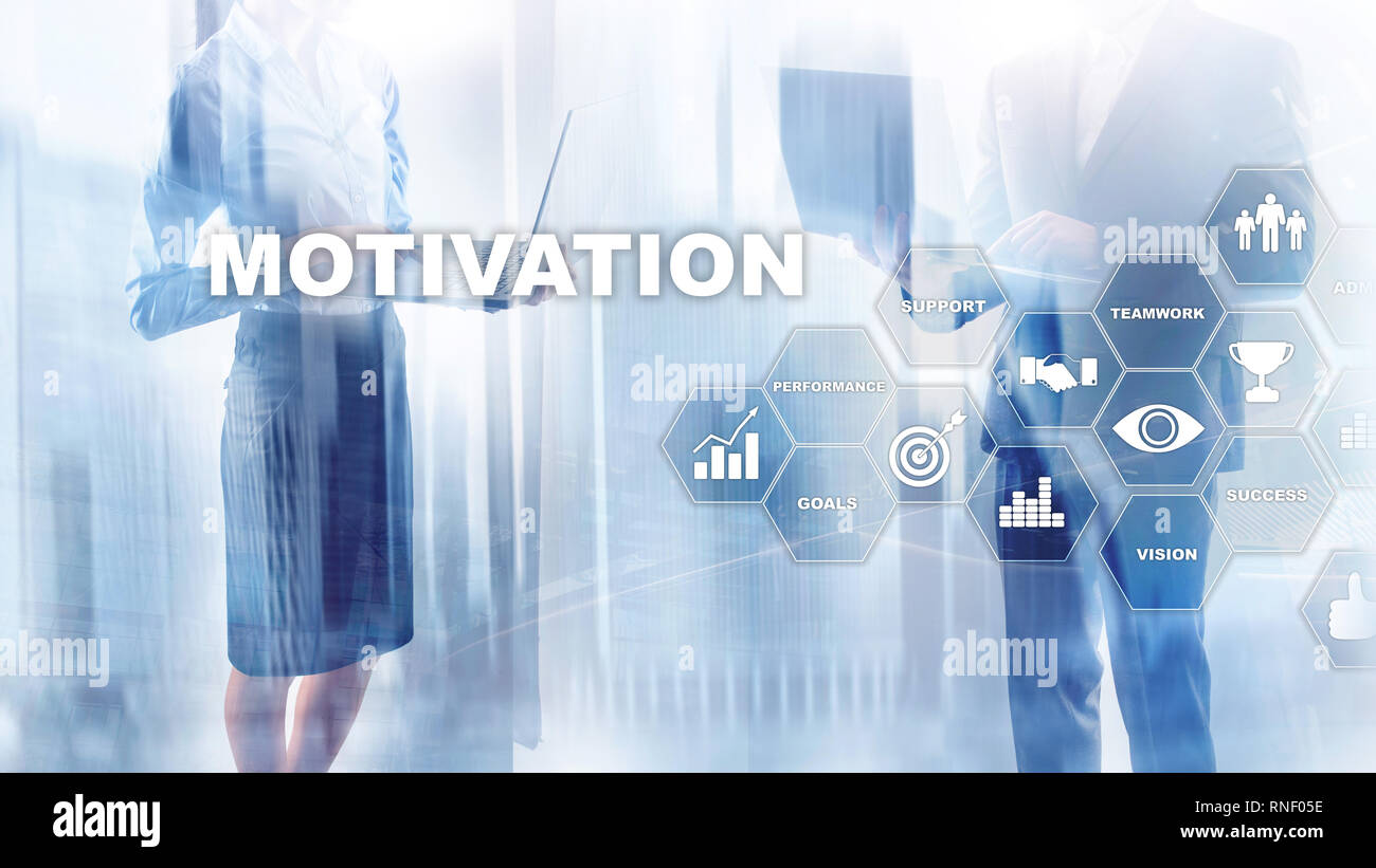 Motivation Konzept mit den Elementen. Business Team. Finanzkonzept auf verschwommenen Hintergrund. Mixed Media. Stockfoto