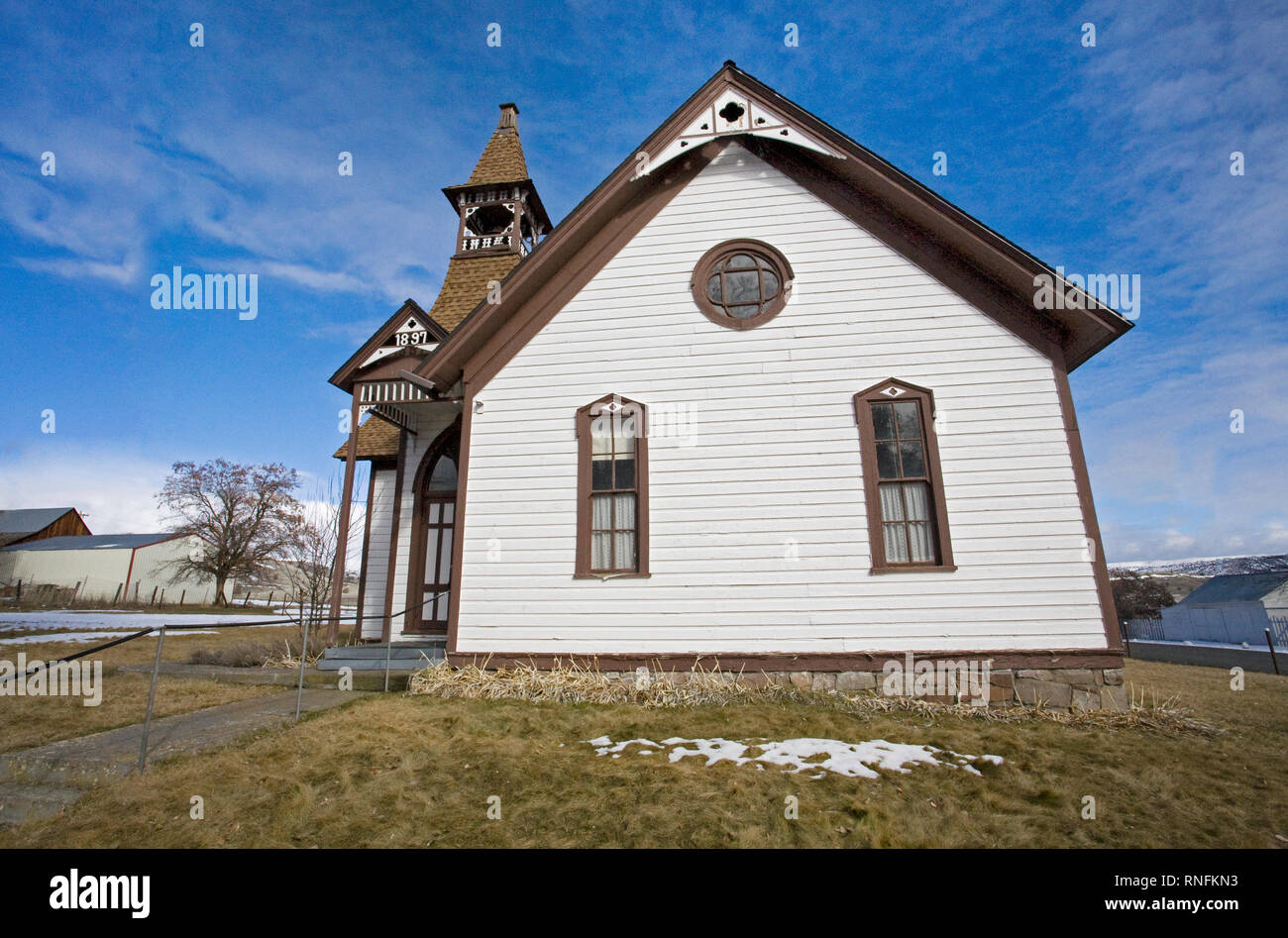 Die kleine Gemeinde Kirche in Antelope, Oregon, Bevölkerung 49. Anfang 1981 Antelope war die Basis Betrieb von Bhagwan Shree Rajneesh, einem indischen Stockfoto