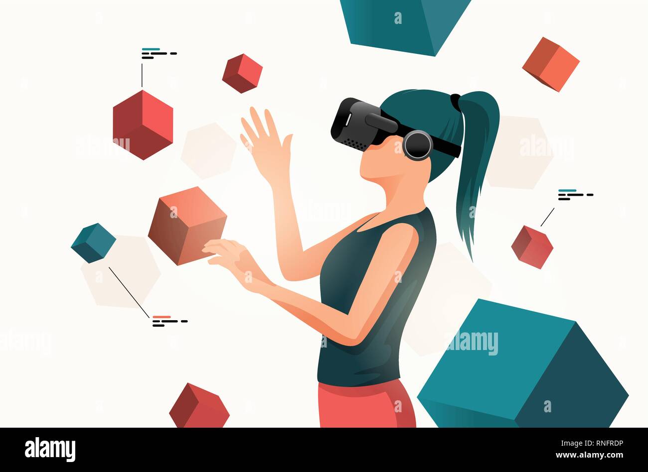 Eine junge Frau von sich bewegenden Objekten um eine virtuelle Realität VR-Headset. Menschen Vector Illustration. Stock Vektor