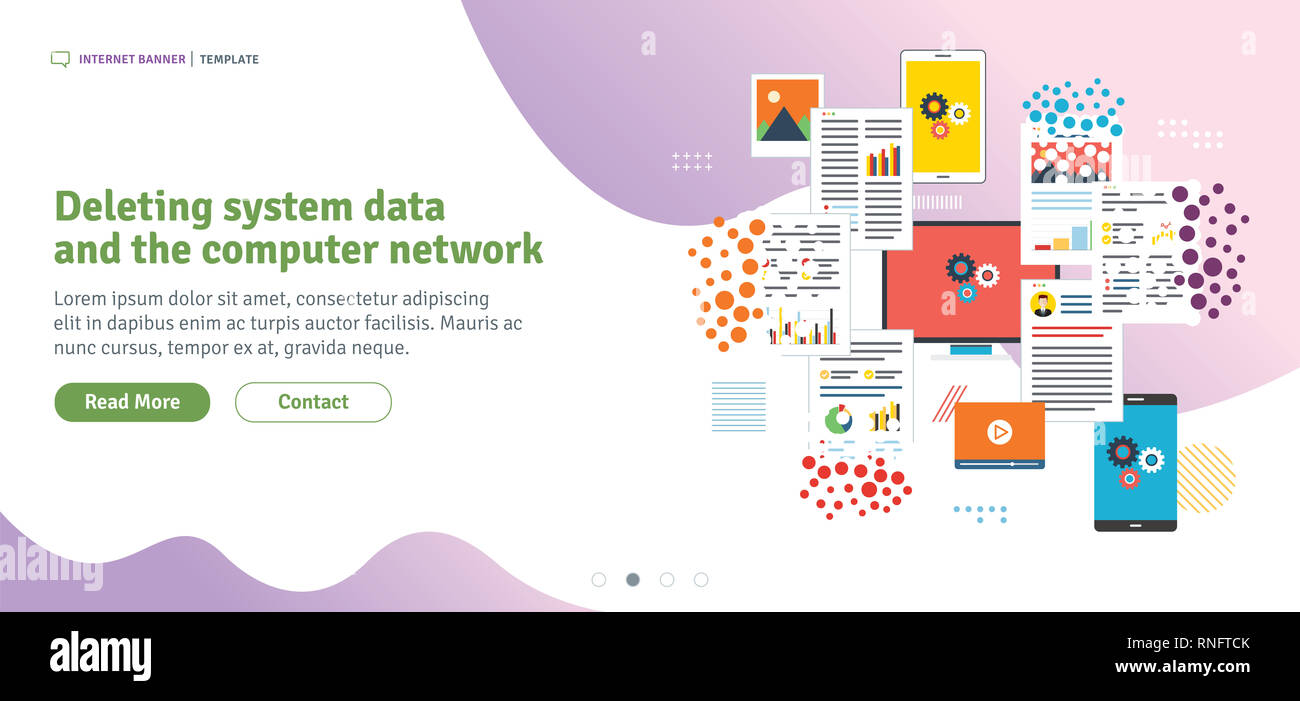 Löschen von Daten und Computer Netzwerk. Unterlagen und Dateien organisieren, Müll zu beseitigen. in flachen Design für Web Banner Vorlage oder infografik mit Ic Stockfoto