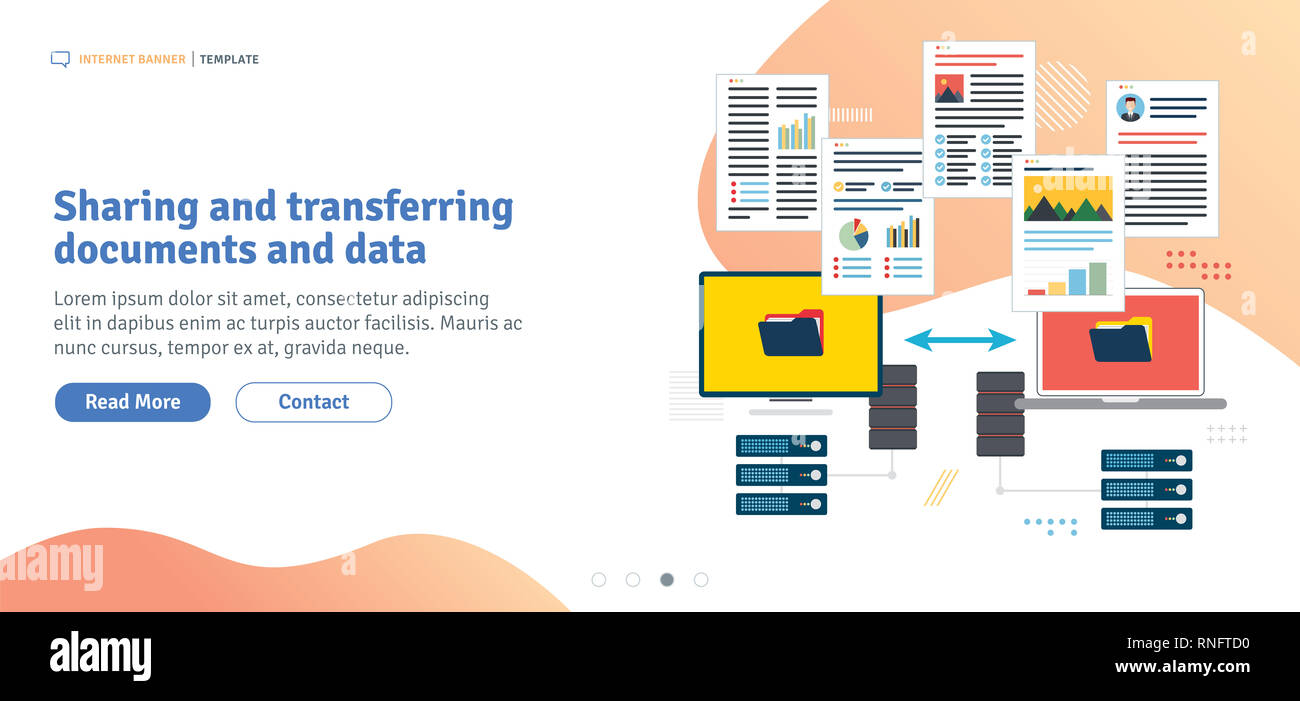 Gemeinsame Nutzung und Übertragung von Dokumenten und Daten. Übertragen Sie Daten zwischen Computer und Laptop. Backup Daten und Computer Netzwerk. Im flachen Design Template für Stockfoto