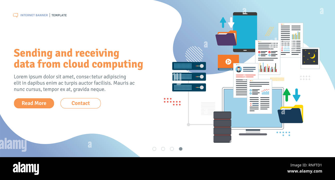 Senden und Empfangen von Daten von Cloud Computing. Datensicherung und -zugriff auf Computer Netzwerk. In flachen Design für Web Banner Vorlage oder infografik in Stockfoto