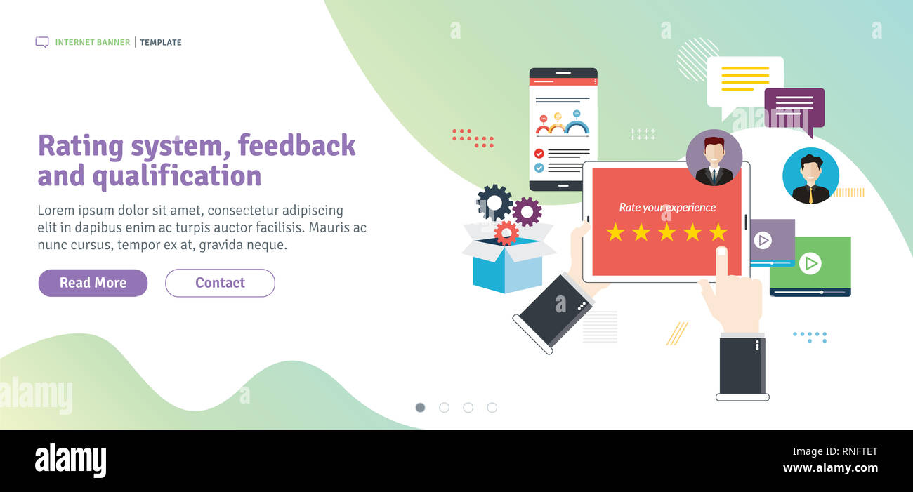 Rating System, Feedback und Qualifizierung. Rating System auf Tablet Bildschirm mit Sternen. Flaches Design für Web Banner oder infografik in Vektor illustratio Stockfoto