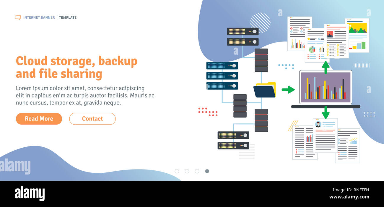 Cloud Storage, Backup und File Sharing. Daten Zugriff auf den Server, Datei Zugriff auf und gemeinsame Nutzung von Daten. Flaches Design für Web Banner in Vector Illustration. Stockfoto