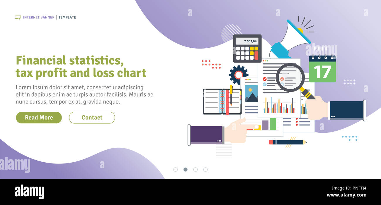 Finanzstatistik, Steuern Gewinn und Verlust. Die Berechnung der Rate, Investitionen und Steuern. Analyse von Dokumenten mit Diagrammen. Flaches Design für Web Bann Stockfoto