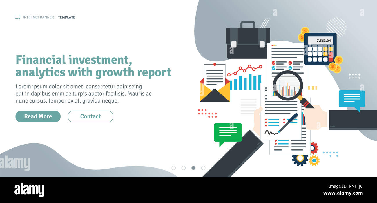 Finanzielle Investitionen, Analytik mit Wachstum Bericht. Analyse von Dokumenten mit Diagrammen. Die Berechnung der Rate, Investitionen und Steuern. Flaches Design für Web Stockfoto