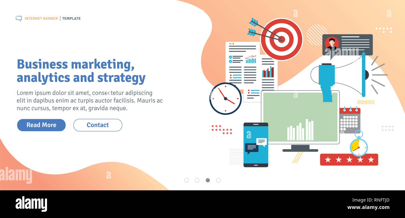 Business Marketing, Analyse und Strategie. Werbung und Marketing Kommunikation Symbole. Soziale Netzwerke und Social Media. Flaches Design für Web Bann Stockfoto