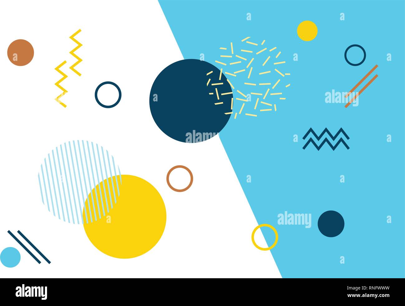 Zusammenfassung Hintergrund Muster mit bunten, geometrischen Formen. Modern, verspielt, Memphis style Vektorgrafiken in gelb, blau und orange Farben.. Stock Vektor
