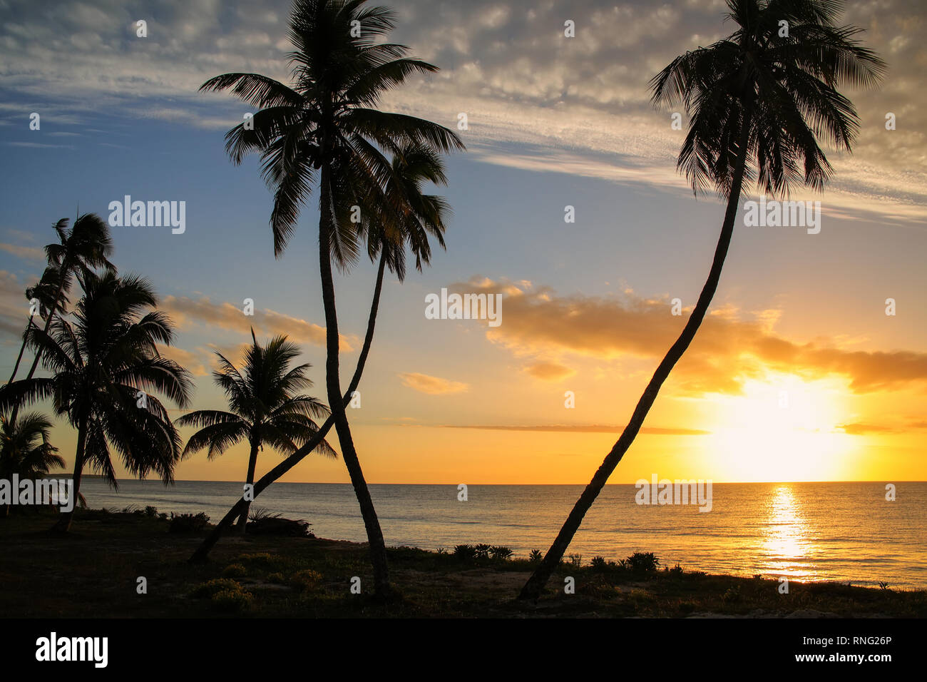 Sonnenuntergang über der Lagune auf der Insel Ouvea Ouvea, Loyalty Islands, New Caledonia. Die Lagune wurde als UNESCO-Weltkulturerbe im Jahr 2008 aufgeführt. Stockfoto