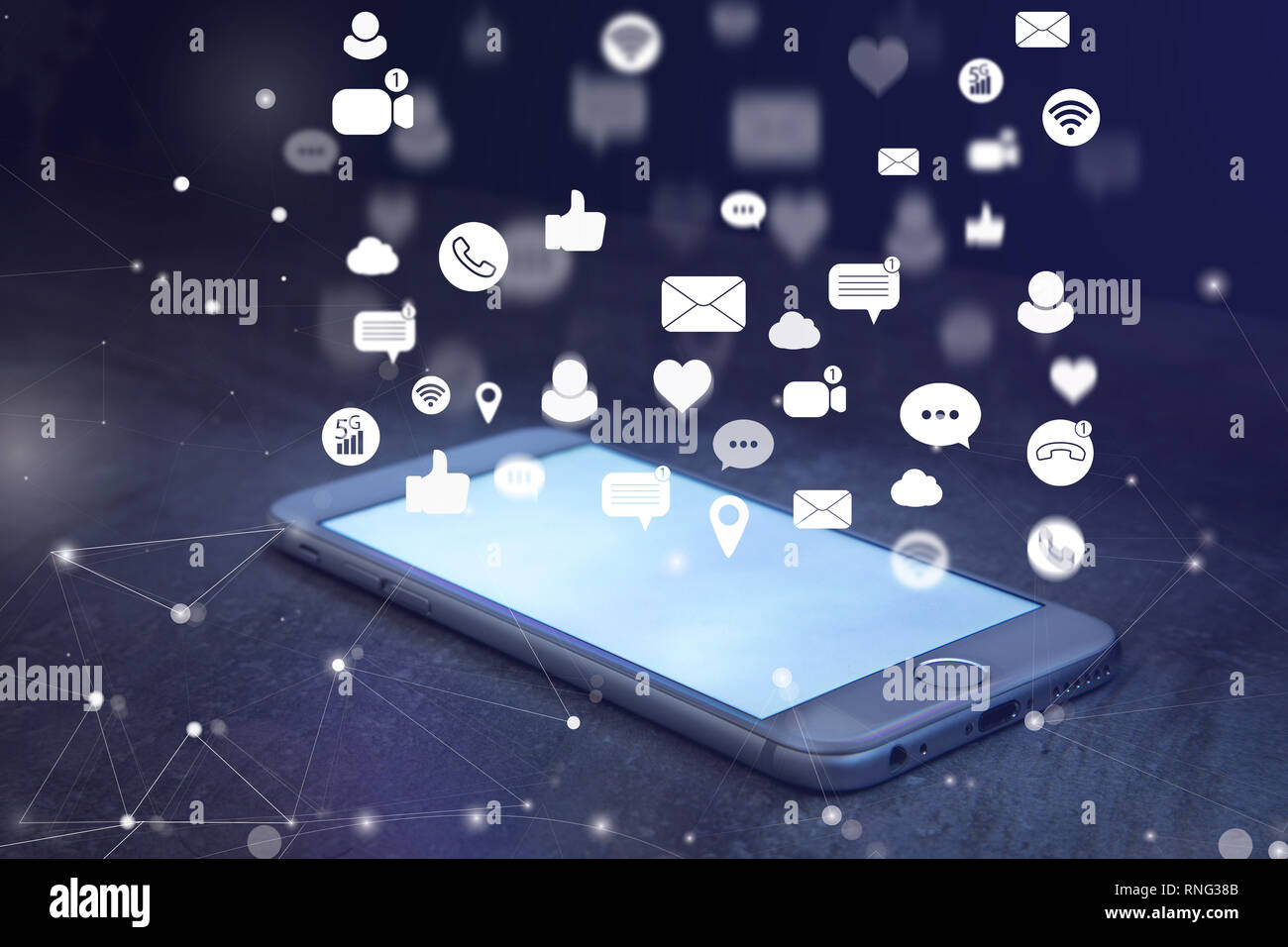 Smartphone Technologie Konzept mit HOLOGRAPHISCHEN von sozialen Medien und Technologie Symbole Stockfoto