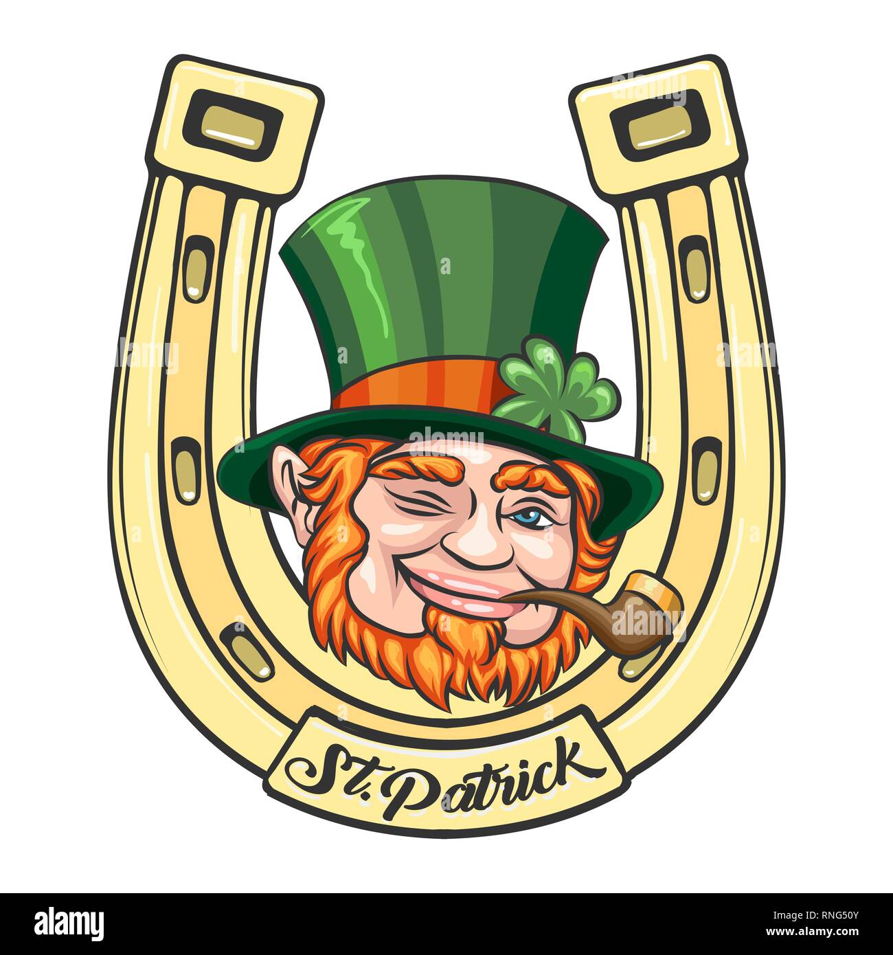 Leprechaun Gesicht auf Golden Horse Shoe Hintergrund. St. Patrick's Day Emblem. Vector Illustration. Stock Vektor
