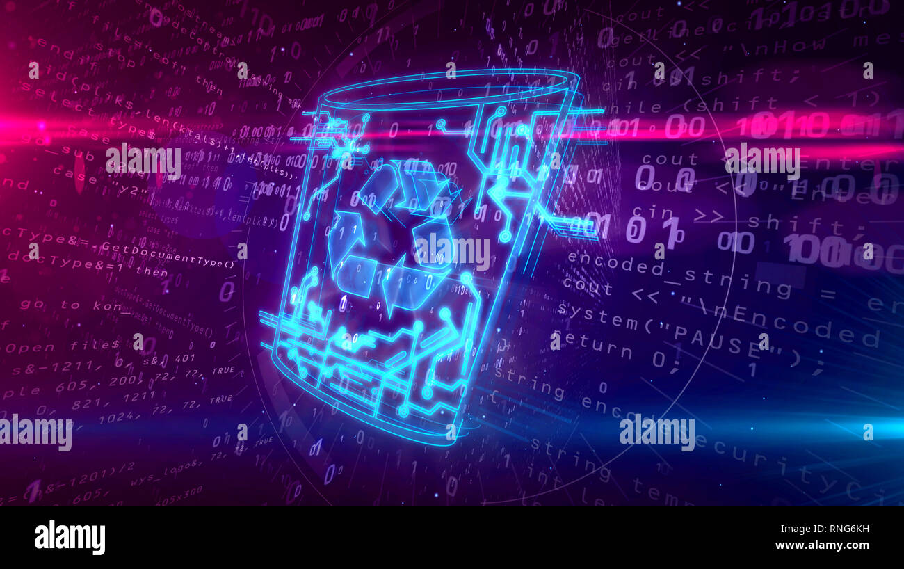 Computer Papierkorb Symbol auf dynamischen digitalen Hintergrund. Digitale Daten löschen Symbol abstrakten 3D 3D-Abbildung. Stockfoto