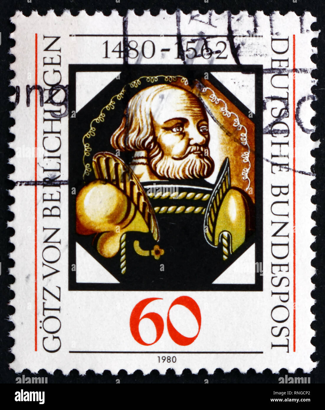 Deutschland - ca. 1980: einen Stempel in Deutschland bedruckt zeigt Götz von Berlichingen, Kaiserlichen Ritter und Söldner, Malerei auf Glas, ca. 1980 Stockfoto