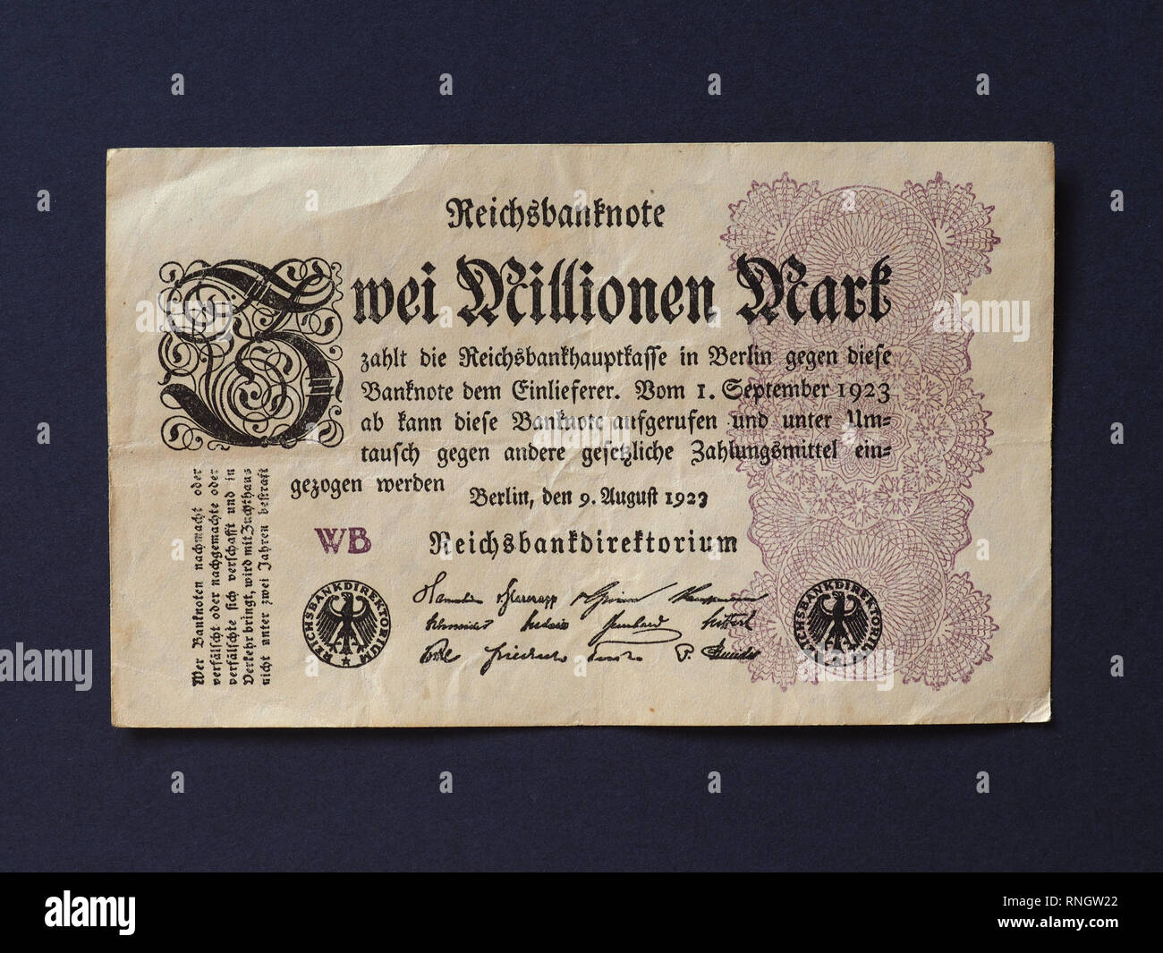 Zwei Millionen Mark (2 Millionen Mark) Jahr 1923 Banknoten inflation Geld von Weimarer Republik Stockfoto