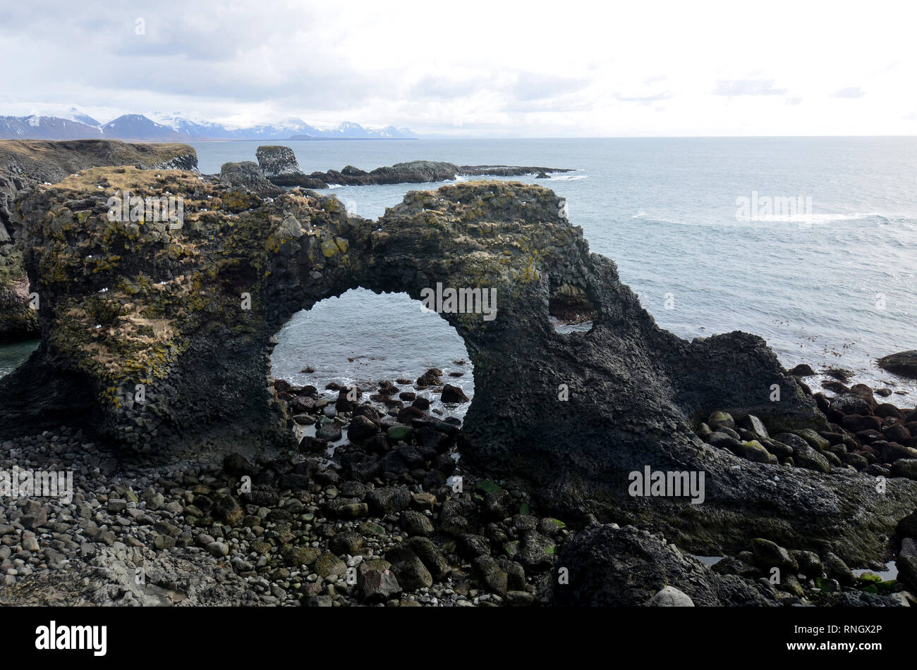 Schöne Lava Rock Formation mit Arkaden entlang der Küste von Island. Stockfoto