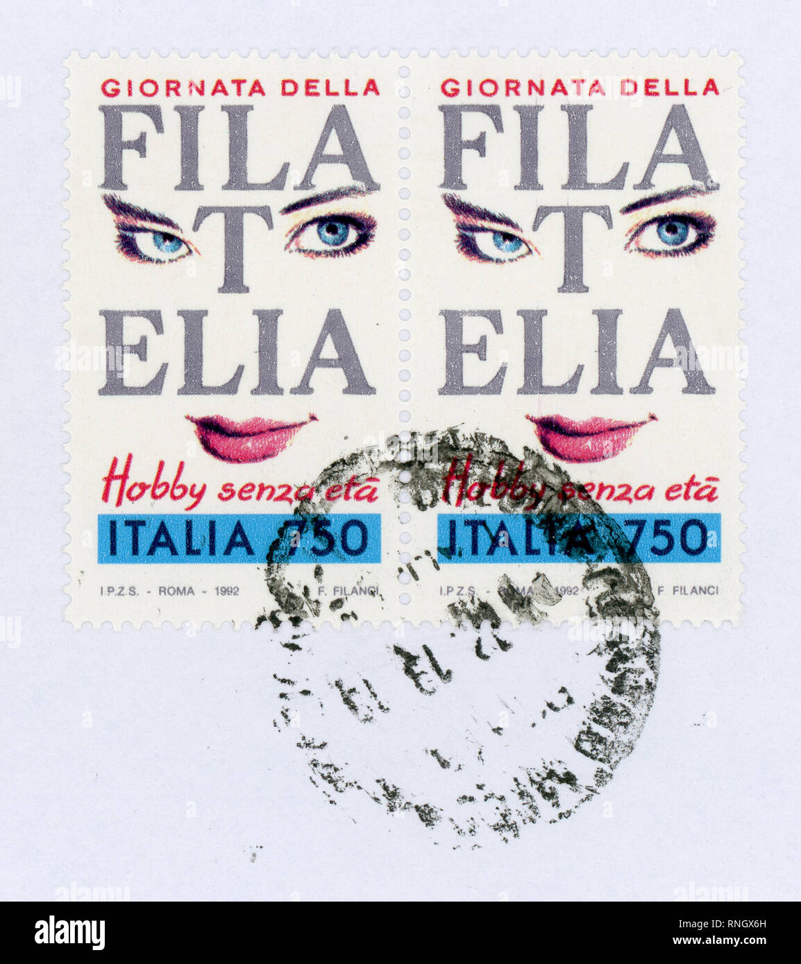 Rom, Italien - ca. Februar 2019: eine Briefmarke von Italien gedruckt, Philatelie ageless Hobby (filatelia Hobby senza Eta) Stockfoto