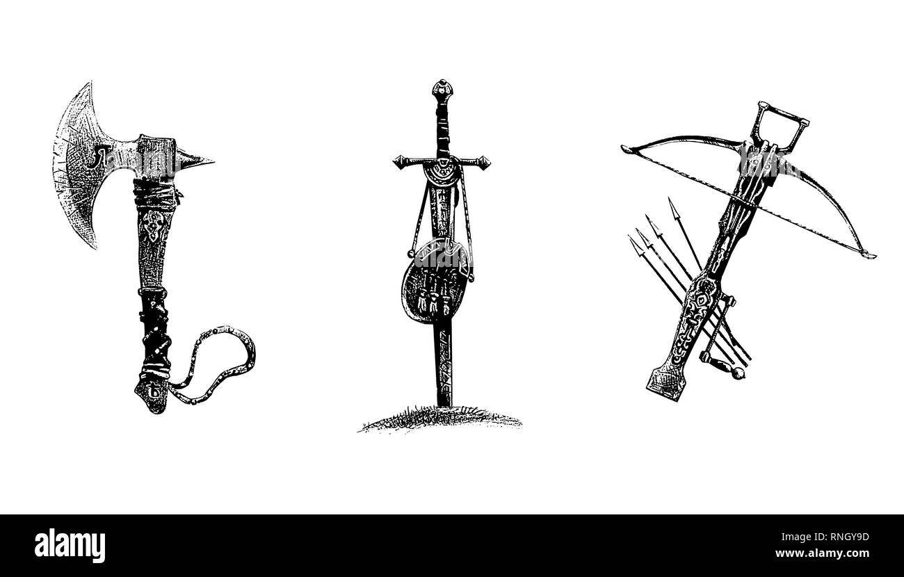 Mittelalterliche Waffen gesetzt. Digitale Zeichnung. Axt, Schwert und Armbrust. Stockfoto