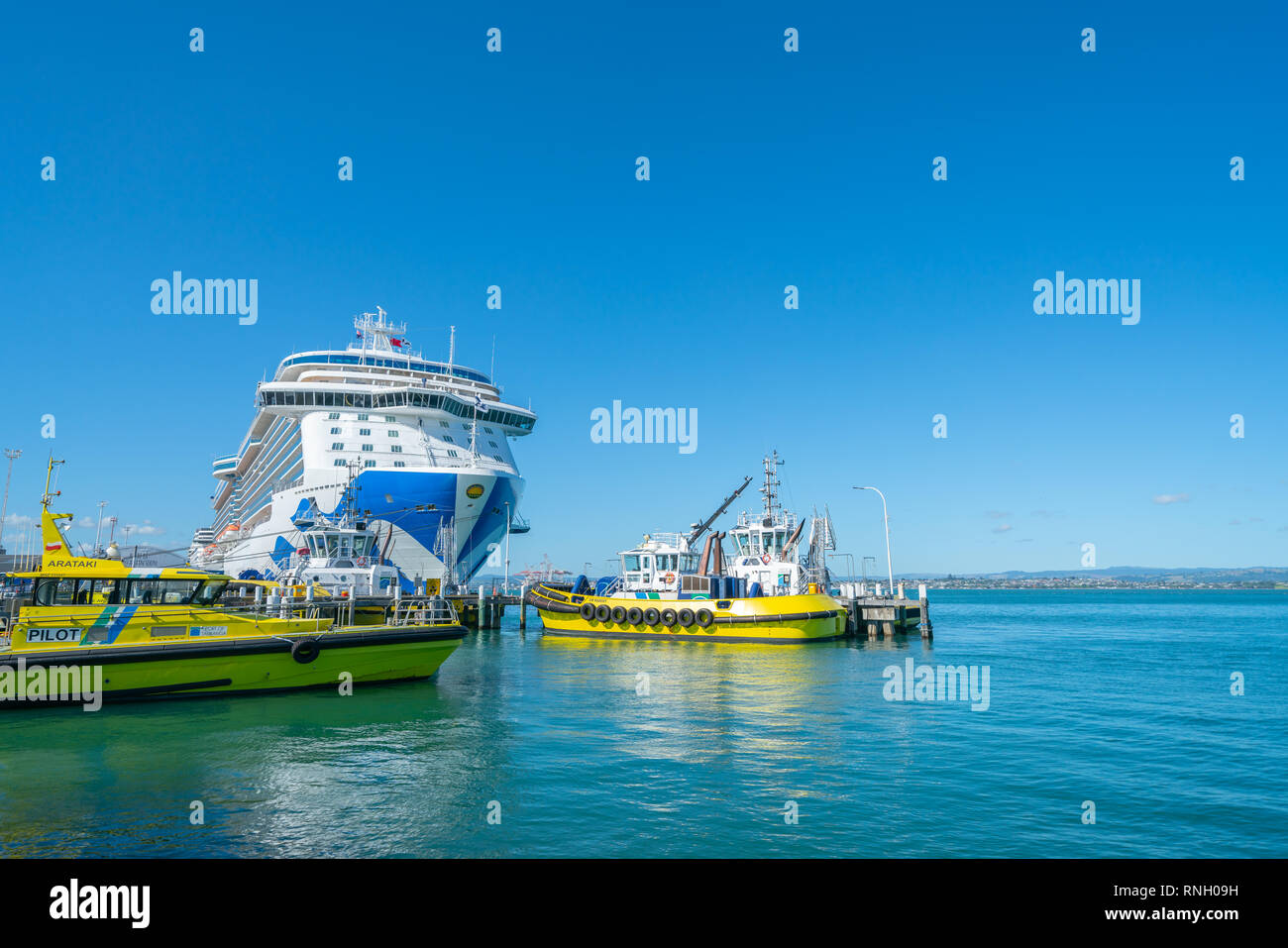 MOUNT MAUNGANUI NEUSEELAND - 10. FEBRUAR 2019: Hafen von Tauranga zwei pilot Boote und große Kreuzfahrtschiff Majestic Prinzessin am Mount Maunganui Anker Stockfoto