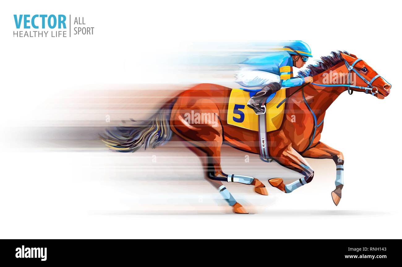 Jockey auf Racing Pferd. Champion. Das hippodrom. Rennstrecke. Reiten. Vector Illustration. Derby. Geschwindigkeit. Verschwommene Bewegung. Auf weiß Isoliert Stock Vektor