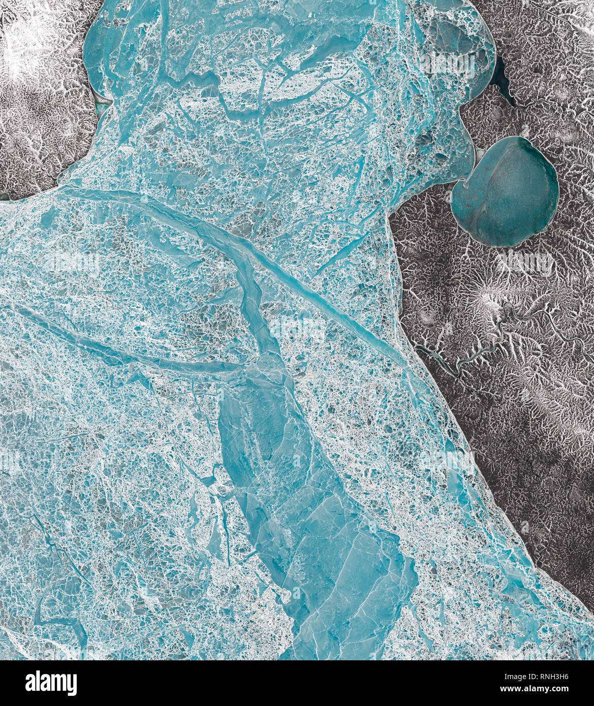 Luftaufnahme des gefrorenen Laptewsee westlich der Insel Kotelny, Arktischen Ozean Stockfoto