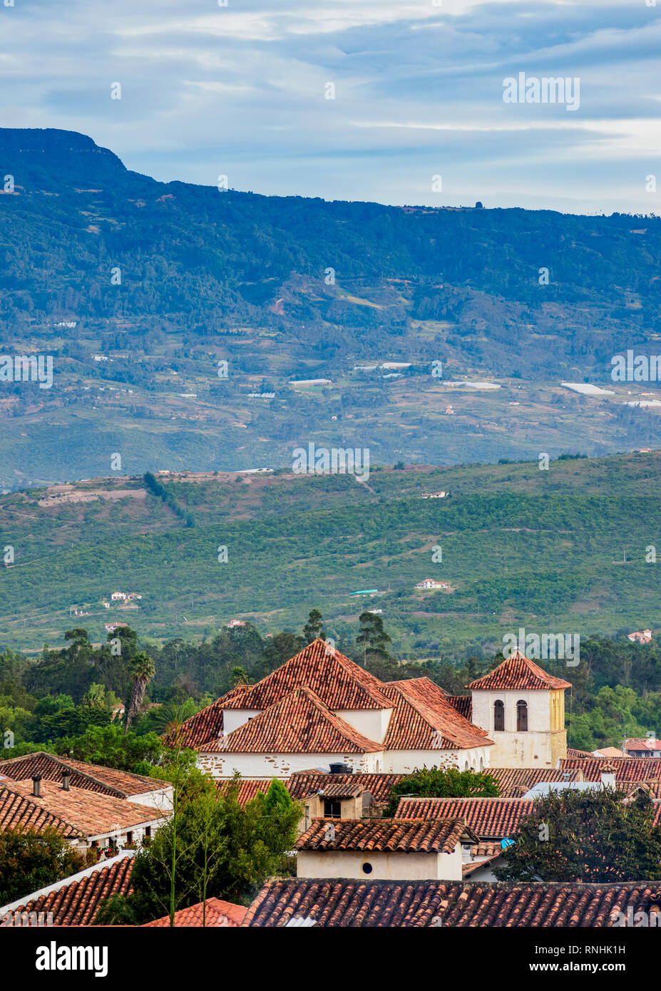 Unsere Liebe Frau vom Rosenkranz Kirche, Erhöhte Ansicht, Villa de Leyva, Boyaca Abteilung, Kolumbien Stockfoto