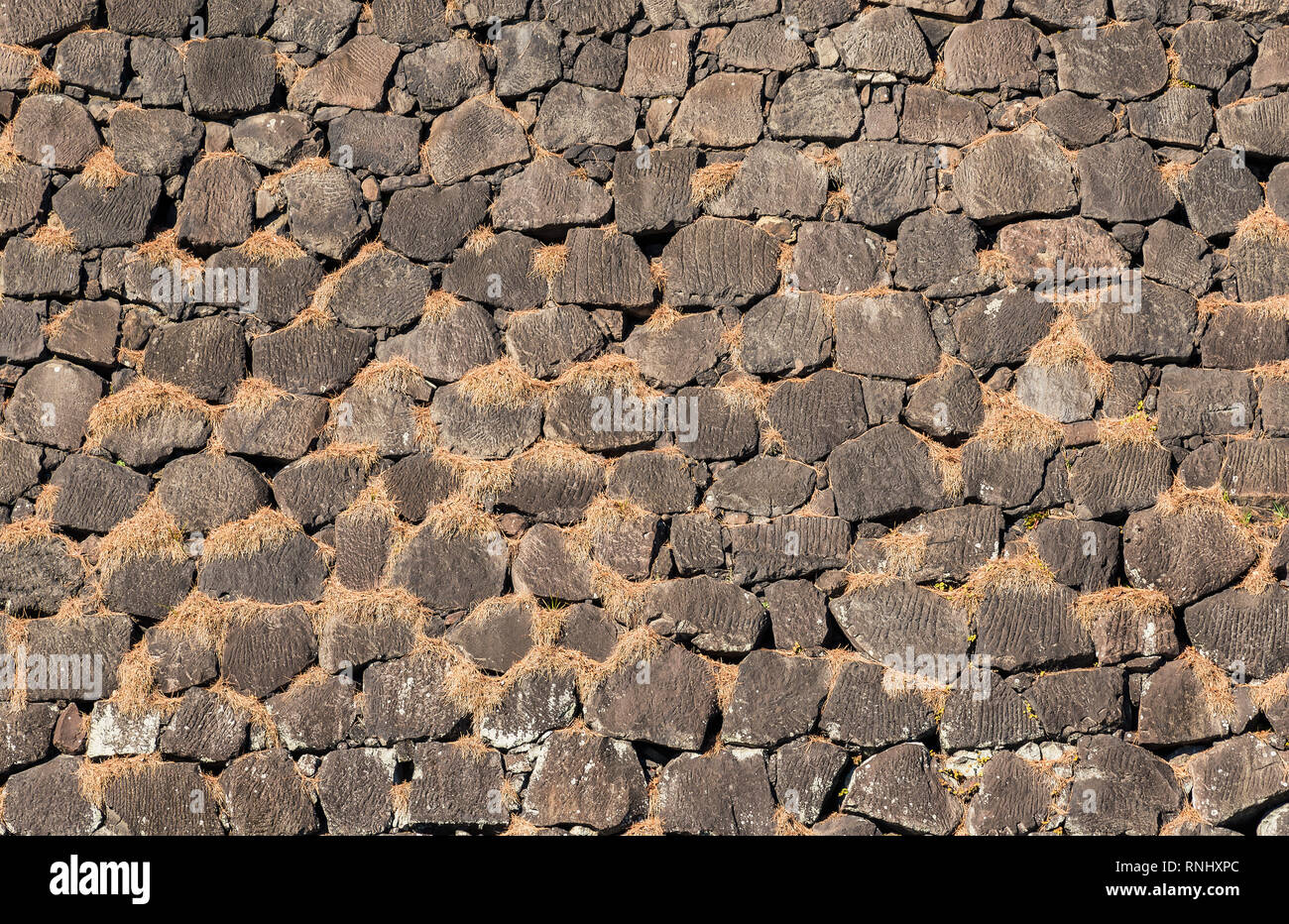 Alte japanische stein Wand aus Felsen mit trockenem Gras als Hintergrund Stockfoto