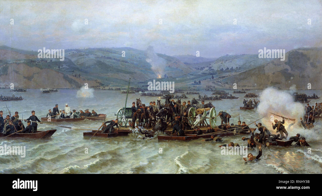 Überquerung der Russischen Armee über die Donau bei Kavadarci/Svishtov Juni 15, 1877 - Nikolai Dmitriev-Orenburgsky, ca. 1883 Stockfoto