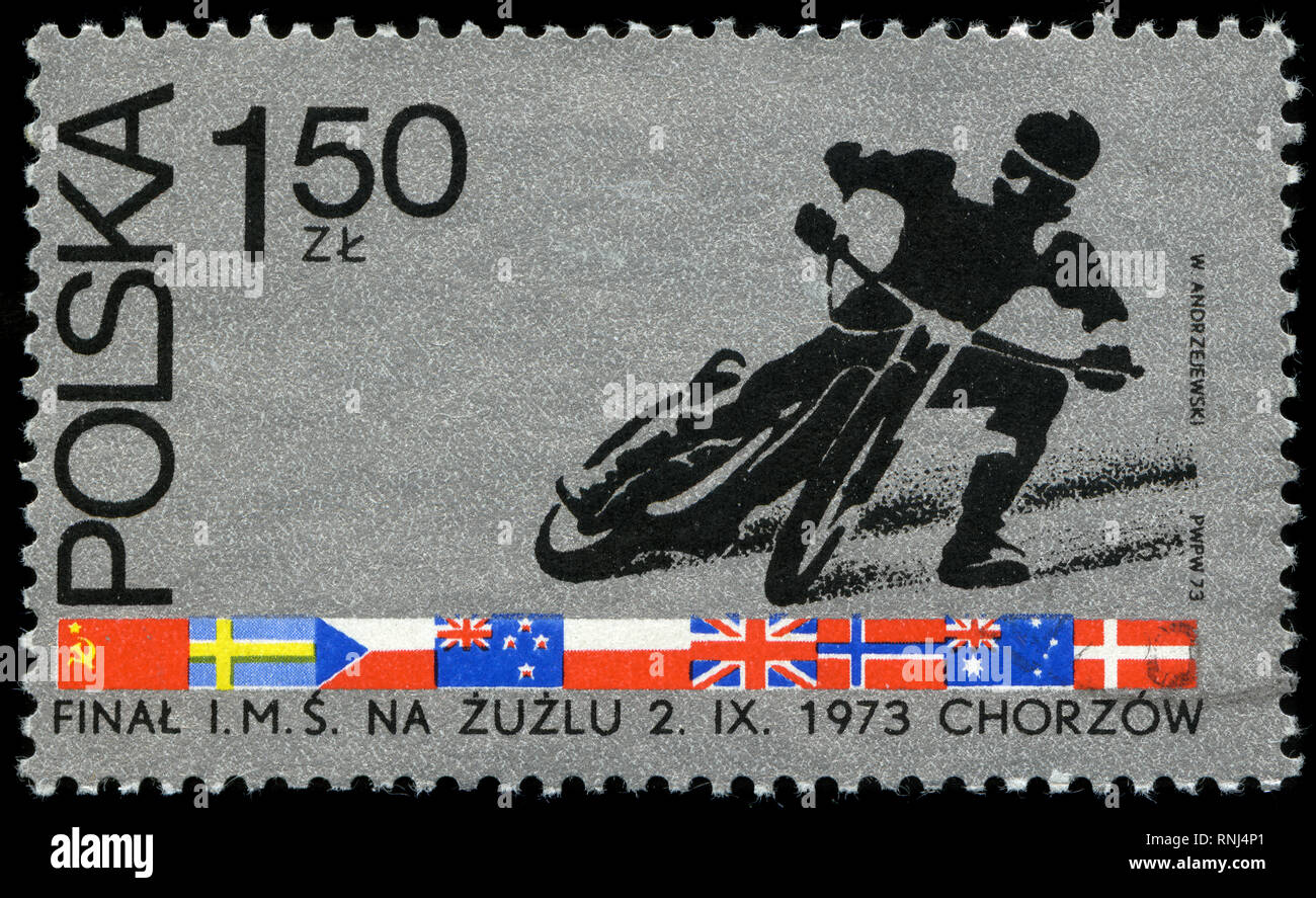 Briefmarke aus der Polen in der Endrunde in einzelnen Wm Motorrad Rennen auf Eis Serie 1973 ausgestellt Stockfoto