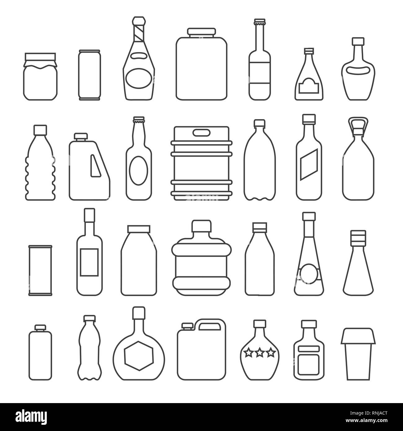 Getränkeverpackungen Symbole. Abfüllung packs Zeile Zeichen, soda Flaschen,  Limonade, die Umrisse der Kanister, Saft oder Bier trinken Dosen, Milch,  Behälter, Vektor illust Stock-Vektorgrafik - Alamy