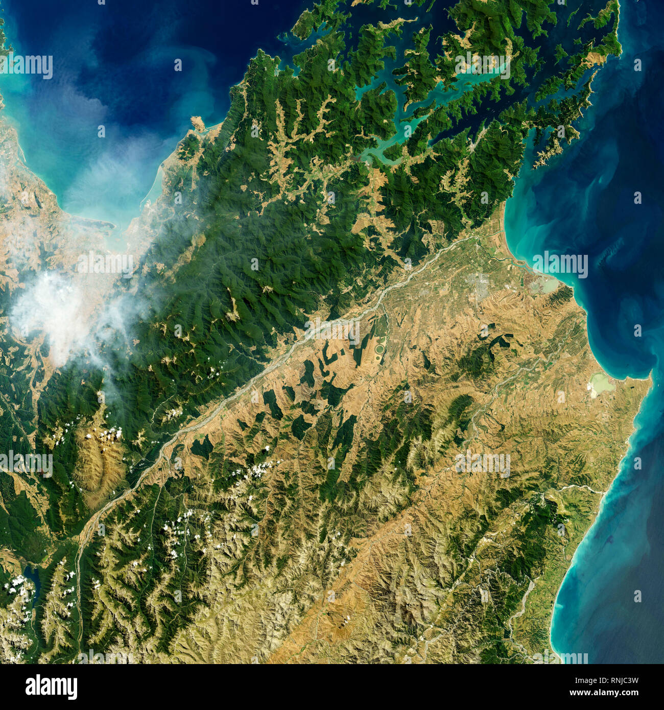 Luftaufnahme der Waldbrände in der Nähe von Nelson, eine Stadt an der nordöstlichen Küste von Neuseelands Südinsel Stockfoto