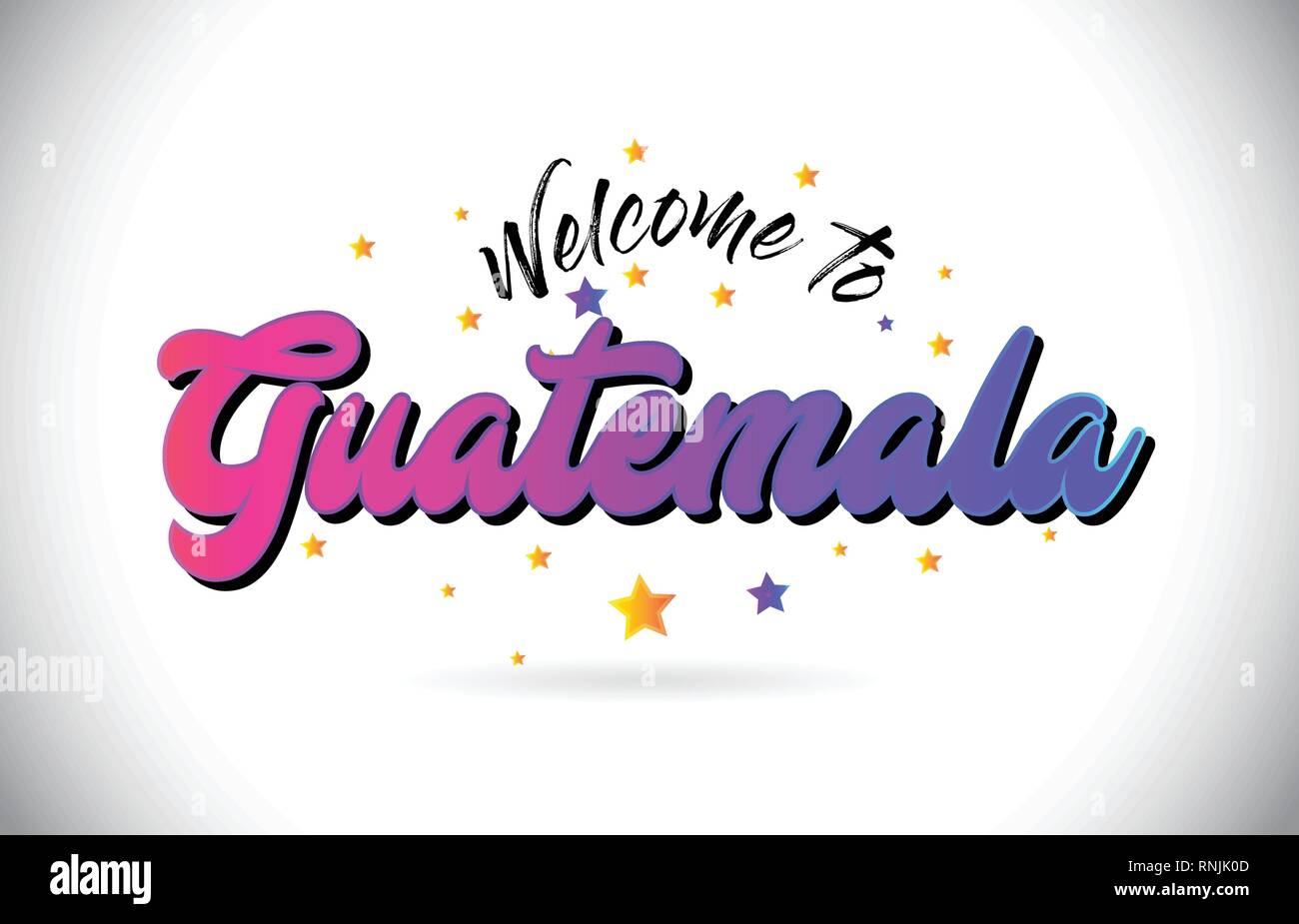 Guatemala Willkommen bei Wort Text mit Lila Rosa handschriftlichen Font und gelbe Sterne Form Design Vector Illusration. Stock Vektor