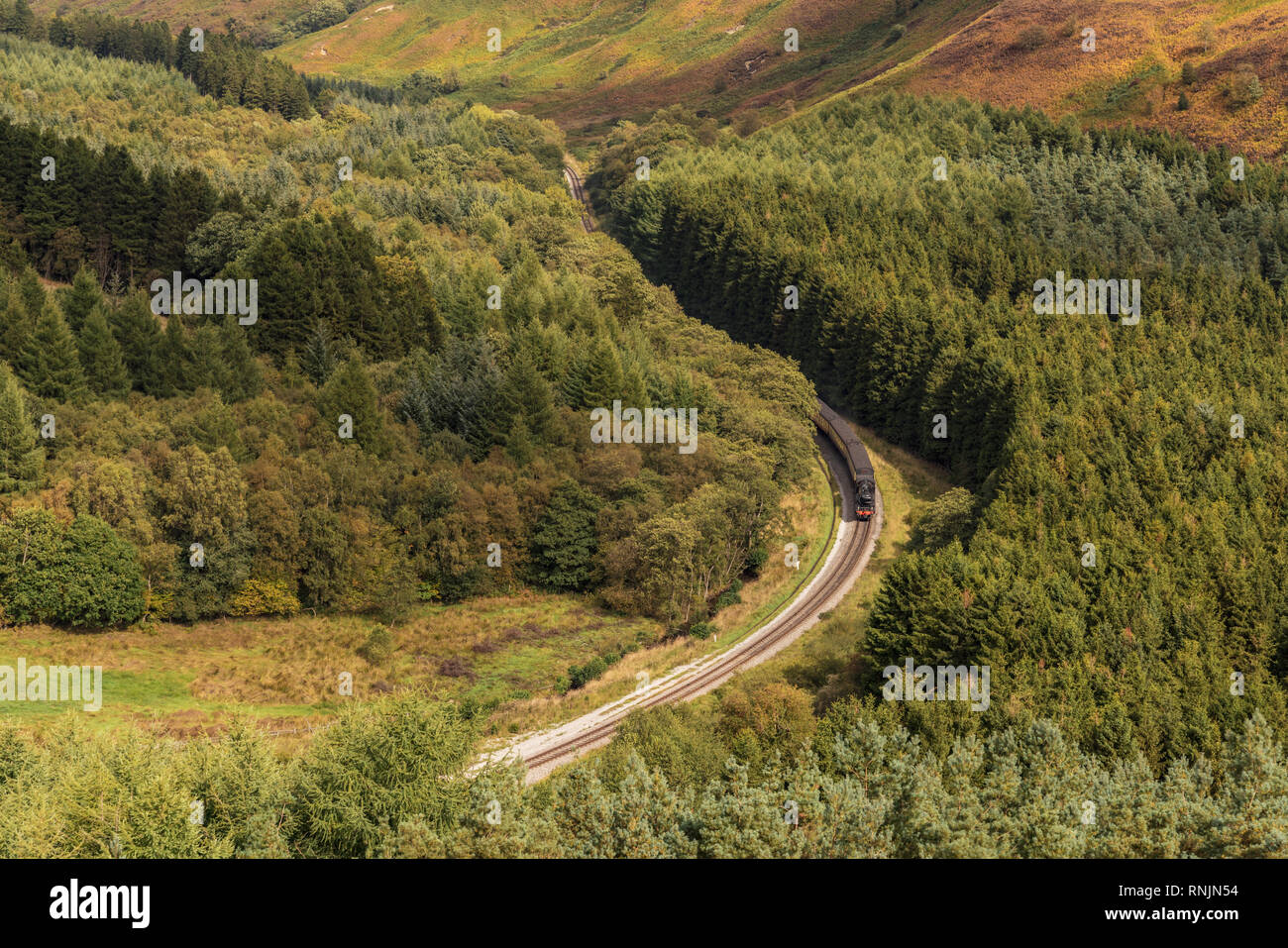 In der Nähe von Levisham, North Yorkshire, England, Großbritannien: 13. September 2018: Ein Zug der historischen North Yorkshire Moors Railway vorbei Newtondale, von S gesehen Stockfoto