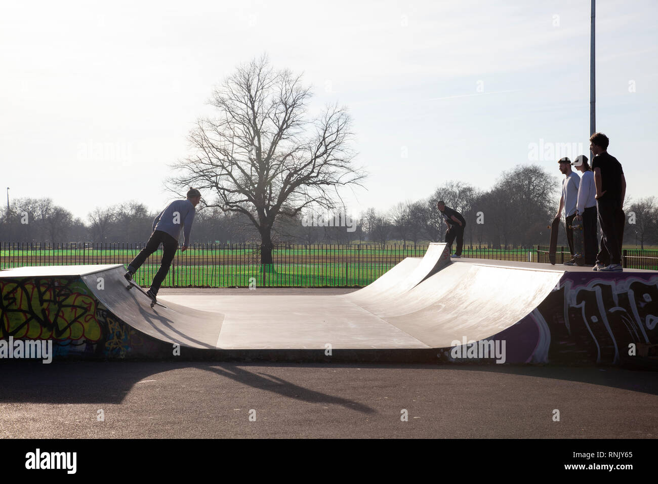 Skatepark auf Clapham Common, London UK Stockfoto