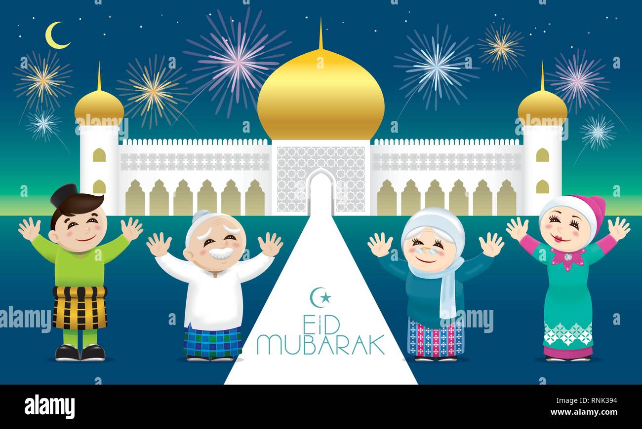 Eine muslimische Familie feiern Raya Festival, mit einer Moschee Hintergrund. Bildunterschrift: Happy Holiday. Vektor. Stock Vektor