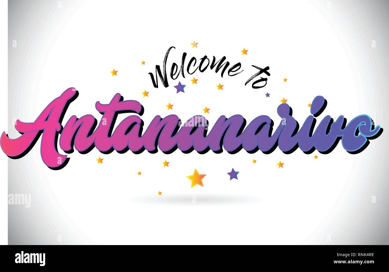 Antananarivo Willkommen bei Wort Text mit Lila Rosa handschriftlichen Font und gelbe Sterne Form Design Vector Illusration. Stock Vektor