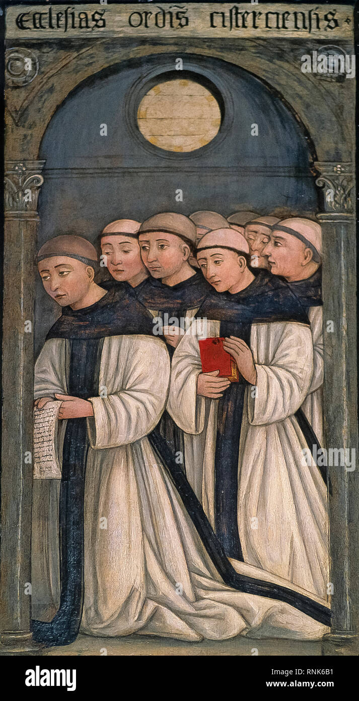 Italien Piemont Staffarda di Revello Abtei - Innenraum der Abtei - Zisterzienser Mönche auf Holztisch, lackiert Stockfoto