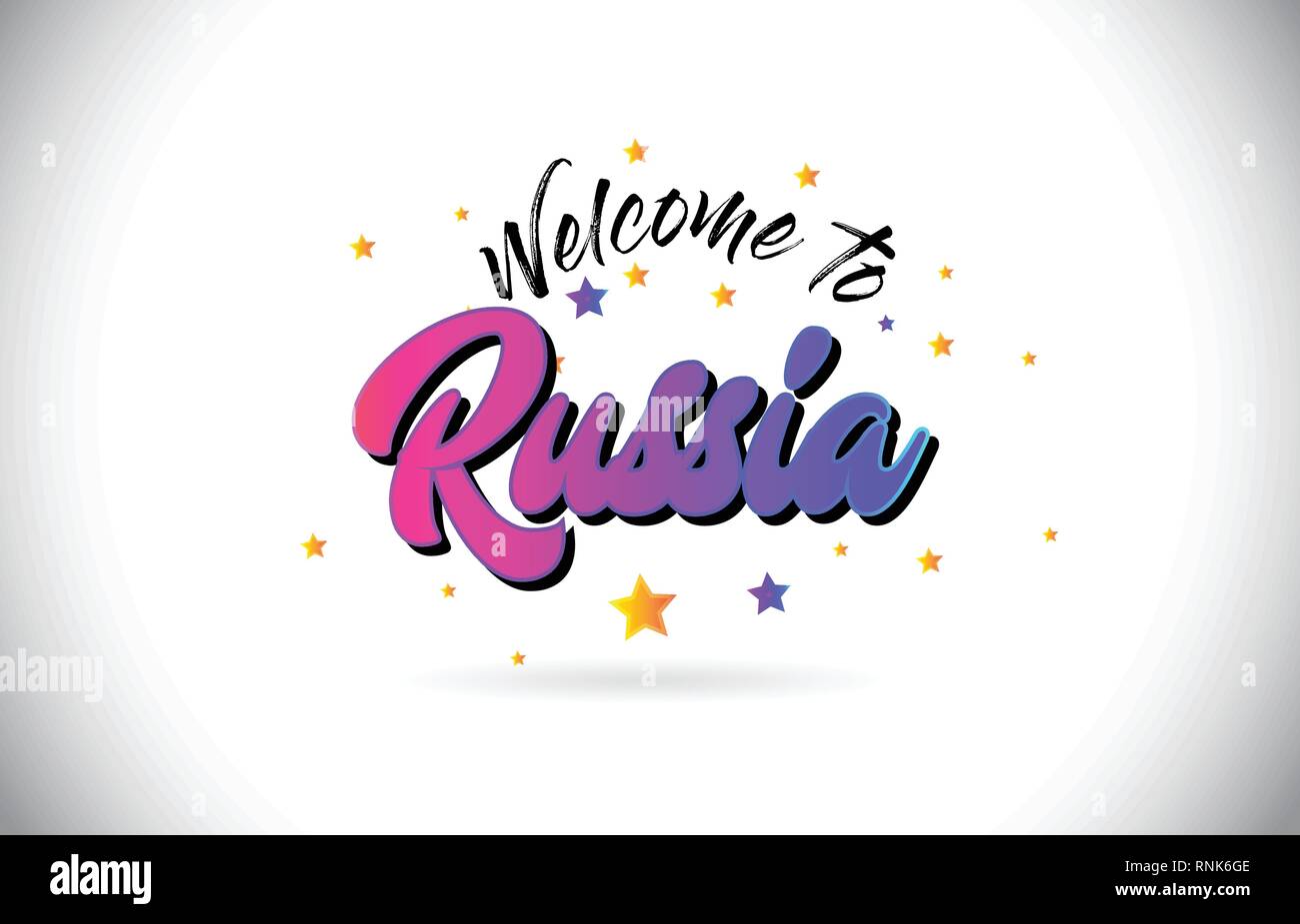 Russland Willkommen in Wort Text mit Lila Rosa handschriftlichen Font und gelbe Sterne Form Design Vector Illusration. Stock Vektor