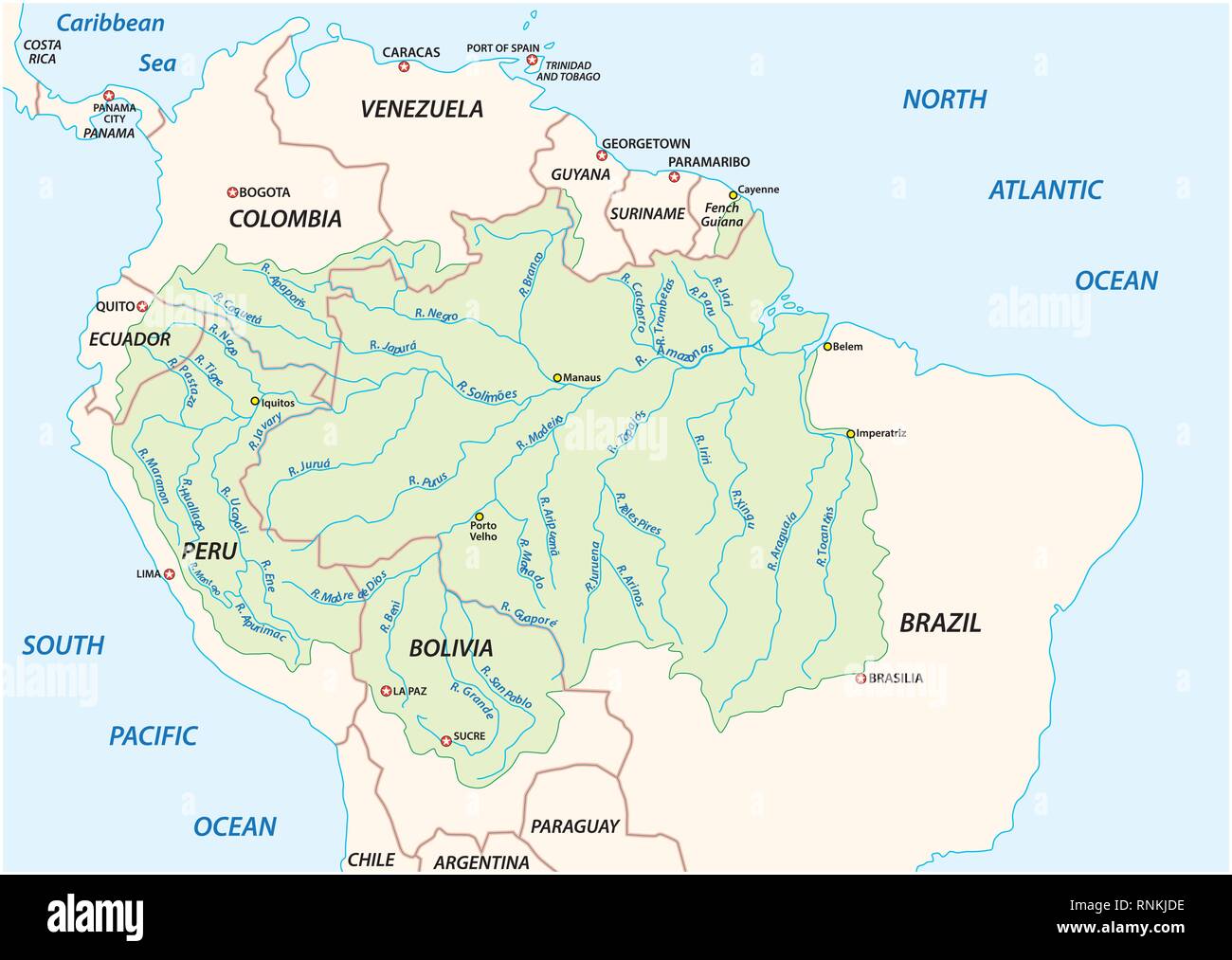 Vektorkarte des Amazonas Einzugsgebiet Stock Vektor