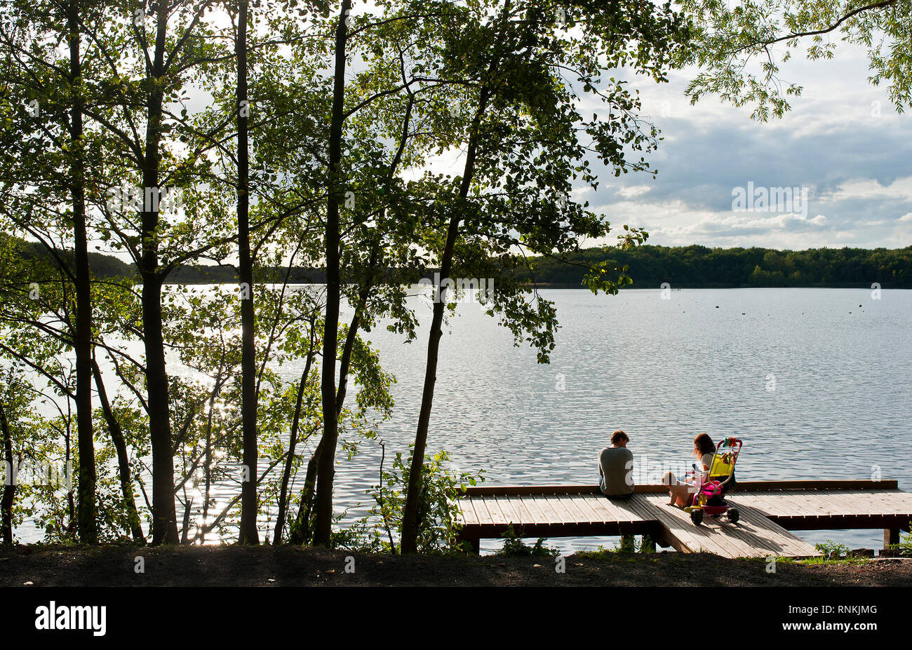 Familie auf einem Steg am See "Lac de la Mare' in Goriaux, in der staatlichen Wald von Regionaler Naturpark Scarpe-Escaut, Naturschutzgebiet in der Scarpe - Stockfoto