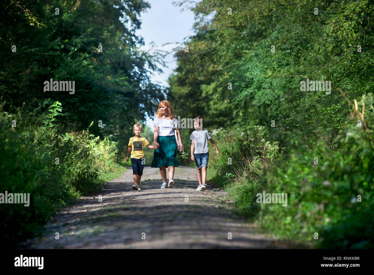 Frau, Mutter mit ihren zwei Kindern, zu Fuß in den Wald von Raismes-Saint Amand Wallers, Regionale Naturpark Scarpe-Escaut (Nordfrankreich). Stockfoto