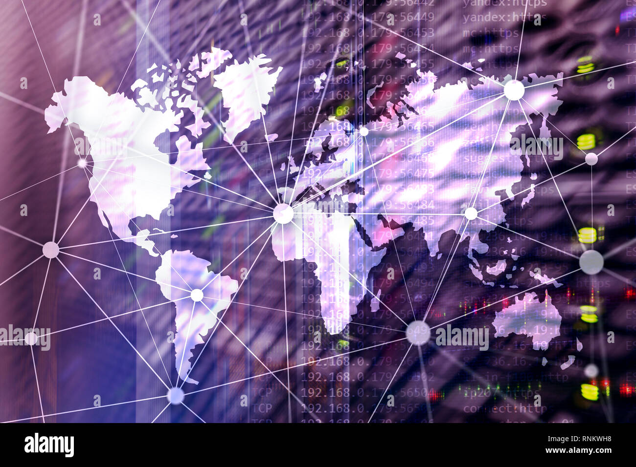 Weltkarte mit Kommunikation Netzwerk auf dem Server zimmer Hintergrund. Stockfoto