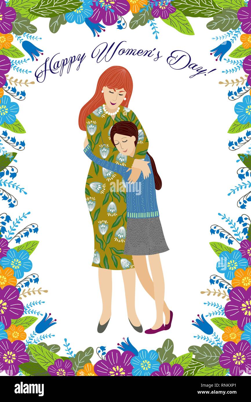 8. März. Cute cartoon Mutter und Tochter mit Doodle Blumen auf einem weißen Hintergrund. Vertikale Vektor Stock Vektor