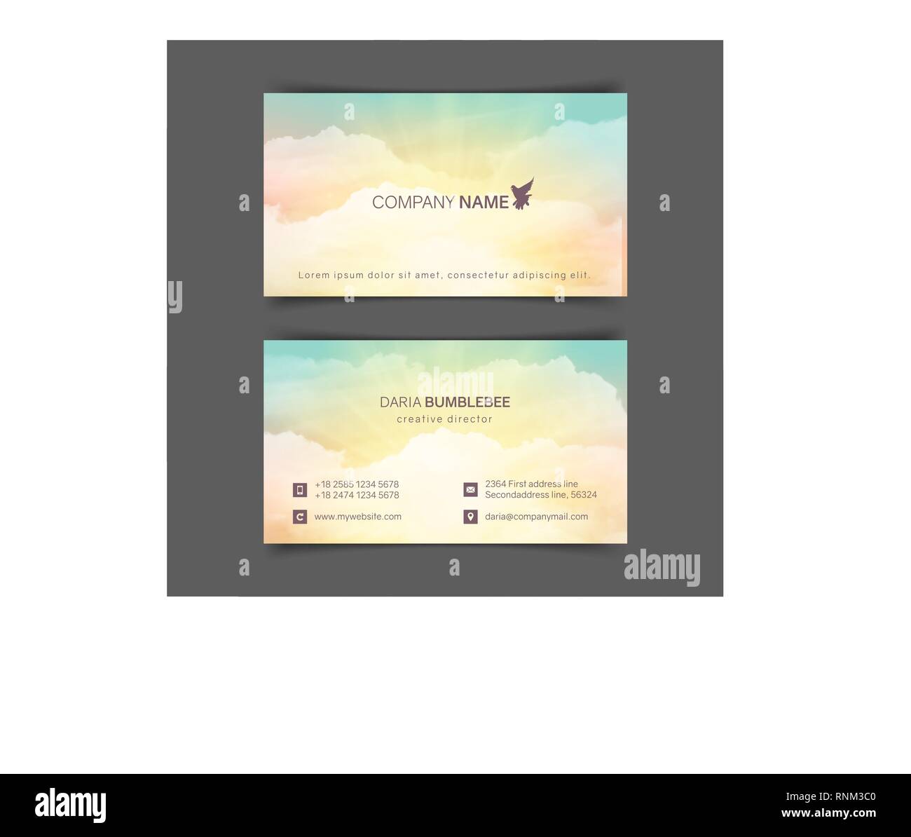 Beidseitigen horizontalen Visitenkarten mit realistischen türkis-gelb Himmel Stock Vektor