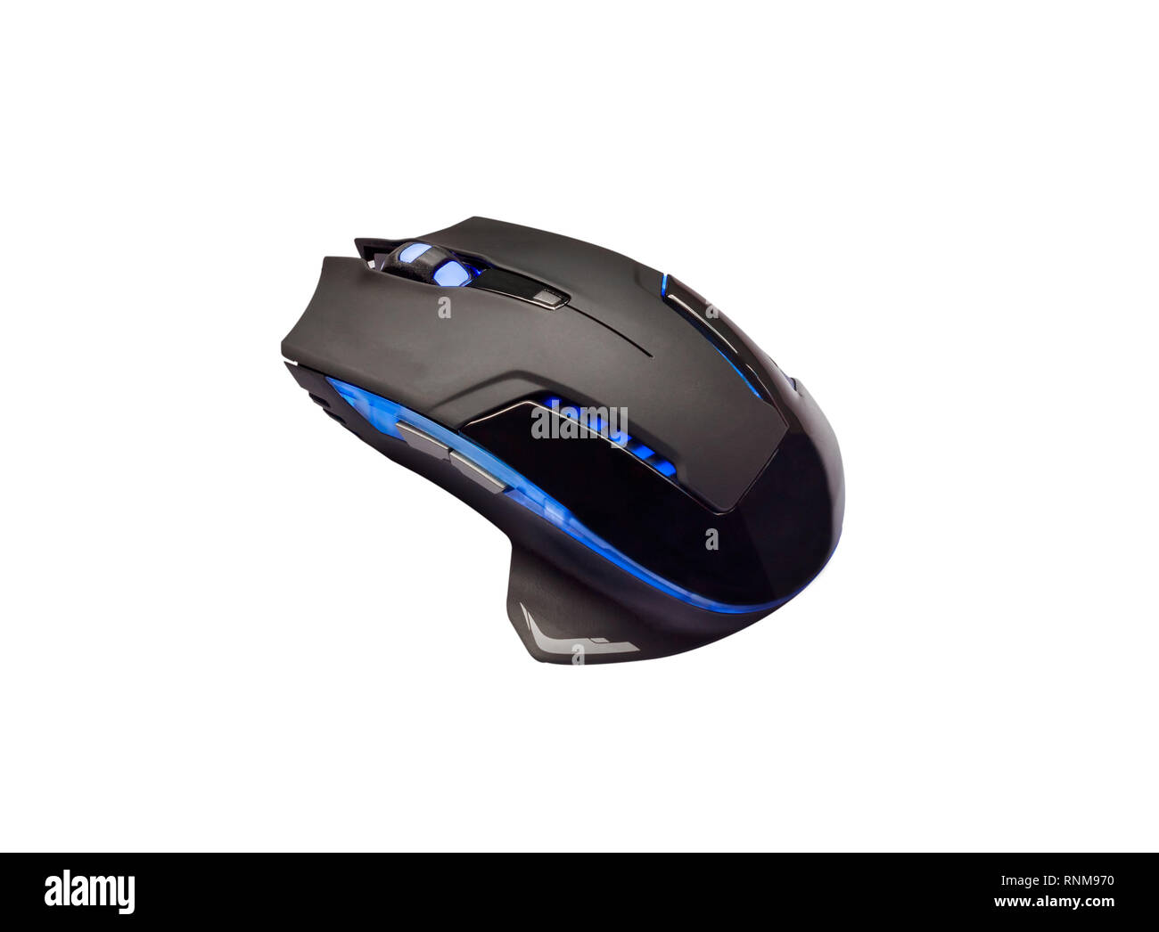Qualitativ hochwertige, professionelle blaue Licht Laser Maus für Gamer oder Grafik auf weißem Hintergrund. Stockfoto