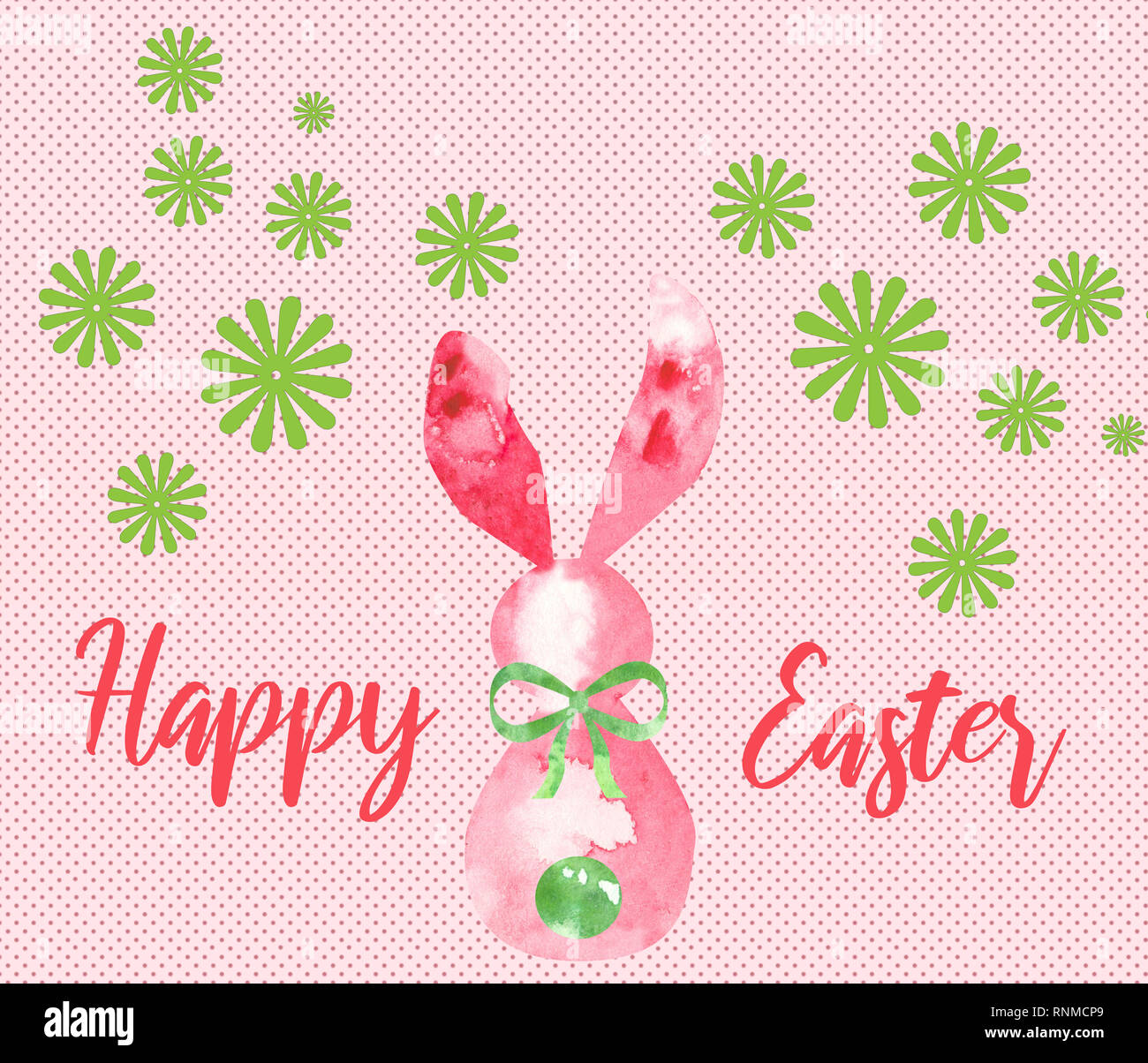 Rosa aquarell Osterhase mit grünen Bogen und Schwanz auf pink gepunktete Hintergrund mit Frohe Ostern text und grünen Blumen Stockfoto
