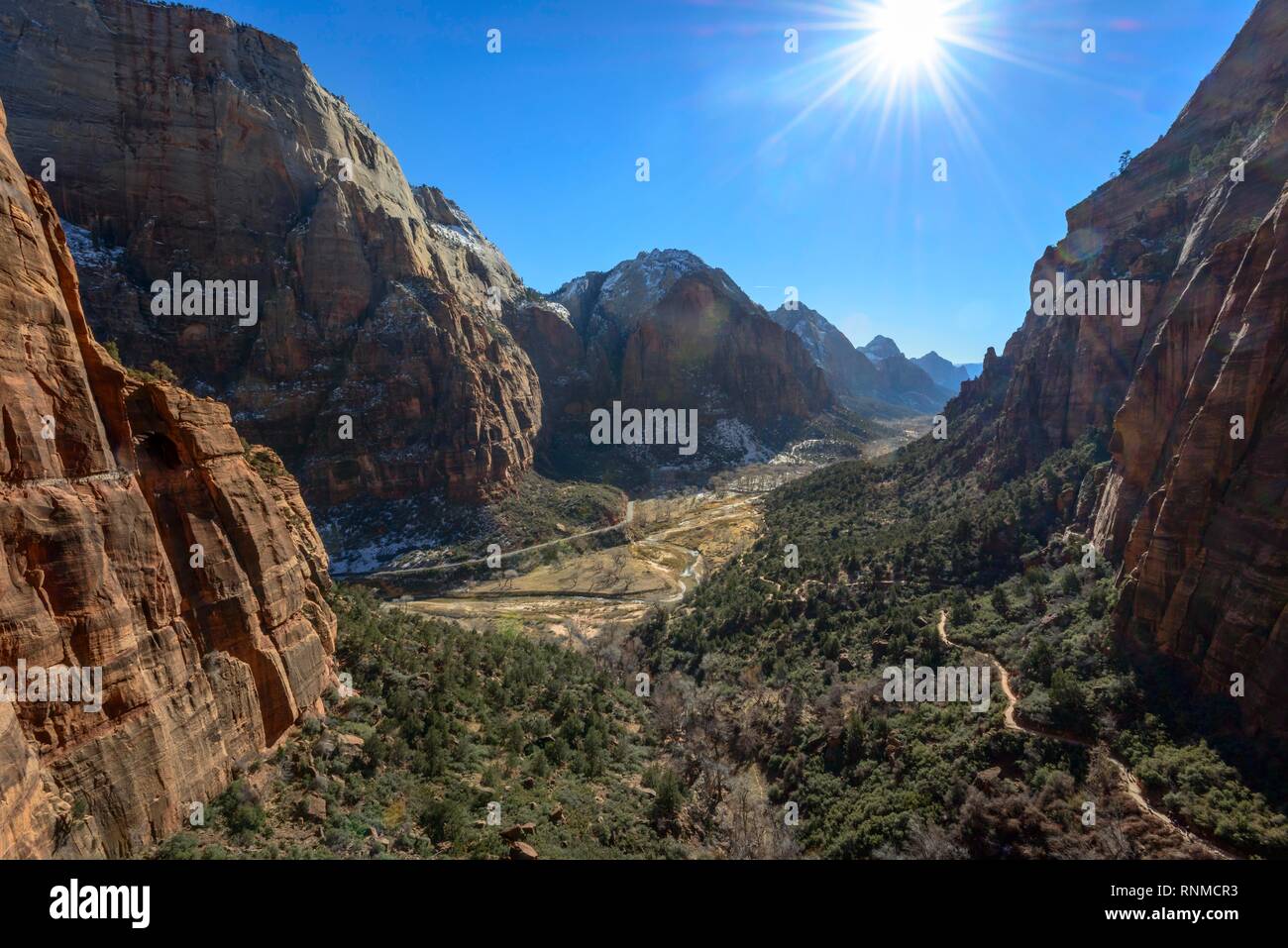 Blick vom Angels Landing Trail zu Zion Canyon, Berglandschaft, Zion National Park, Utah, USA Stockfoto