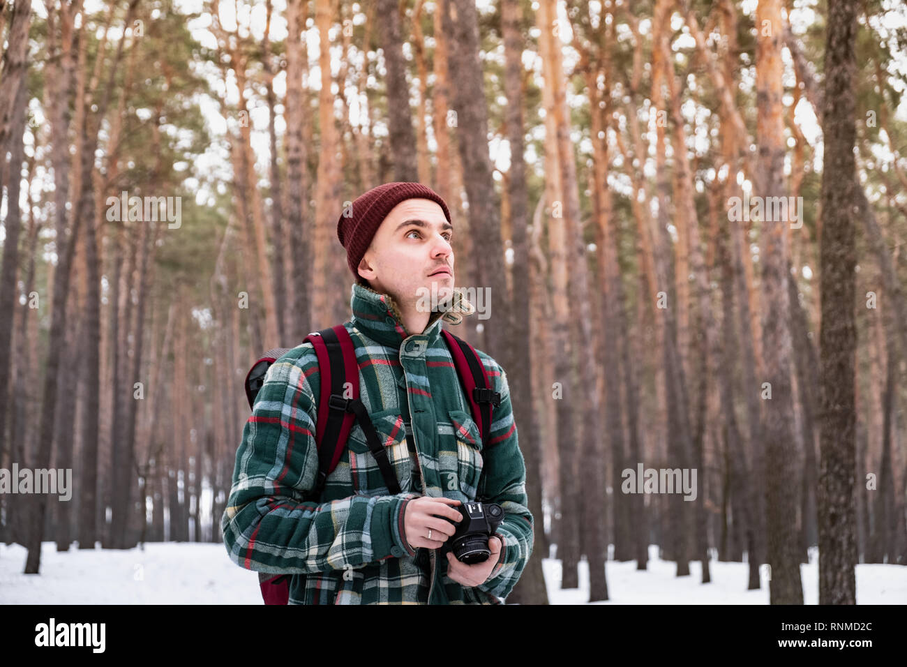 Wandern männliche Person im Winter Wald fotografieren. Mann in karierten winter Shirt im schönen verschneiten Wald mit einem alten Film Kamera Stockfoto