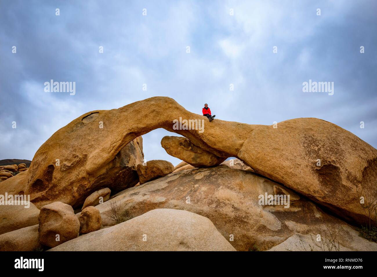 Junge Frau sitzt auf Arch Rock, Rock Arch, monzogranite Formation, Arch Rock Nature Trail, White Tank Campground Stockfoto