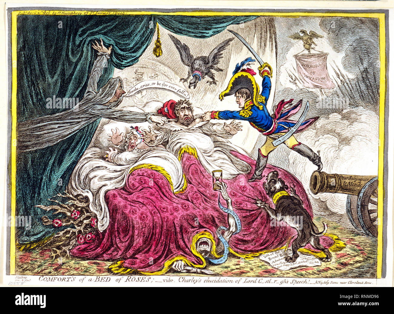 Charles Fox, im Bett mit seiner Frau, in einen Alptraum. Auf der rechten Seite, Napoleon springt auf das Bett aus einer Kanone mit den Worten "Pour le monde" subjugeur eingeschrieben auf der Schnauze; hinter ihm werden gesehen, Hechte und ein Transparent mit den Worten "Schrecken der Invasion." William Pitt, als Schatten, schwimmt in der Nähe des Bettes, mahnend Fox zu wach. Ein Adler mit dem Halsband mit der Aufschrift "Preußen" webstühle über Fox's Kopf. Stockfoto Charles Fox, im Bett mit seiner Frau, in einen Alptraum. Auf der rechten Seite, Napoleon springt auf das Bett aus einer Kanone mit den Worten "Pour le monde" subjugeur eingeschrieben auf der Schnauze; hinter ihm werden gesehen, Hechte und ein Transparent mit den Worten "Schrecken der Invasion." William Pitt, als Schatten, schwimmt in der Nähe des Bettes, mahnend Fox zu wach. Ein Adler mit dem Halsband mit der Aufschrift "Preußen" webstühle über Fox's Kopf. Stockfoto